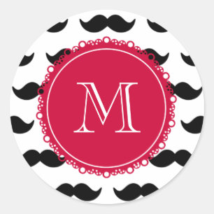 Schwarzes Schnurrmuster, rotes Monogramm Runder Aufkleber