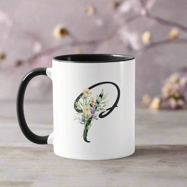Schwarzes Script Letter "P" Wasserfarbige Blume Tasse (Von Creator hochgeladen)