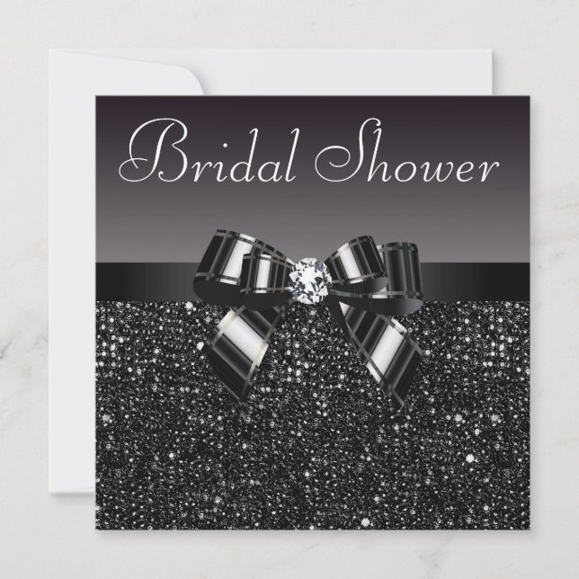 Schwarzes Sequins-, Bogen-u. Diamant-Brautparty Einladung (Vorderseite)