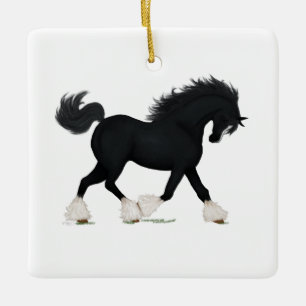 Schwarzes Shire-Tiefpferd mit Blaze Equine-Gedenkm Keramikornament