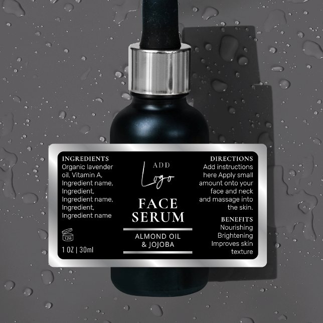 Schwarzes Silber 1 OZ 30 ml Kosmetische Flasche Wa Etiketten (Modern black and silver 1 OZ dropper bottle waterproof label *verify size*)