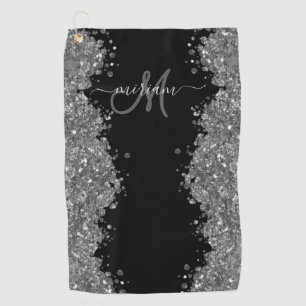 Schwarzes Silber Glitter Grau Modernes Monogramm Golfhandtuch