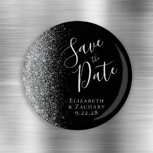Schwarzes Silber-Glitter-Script Save-the-Date Magnet
