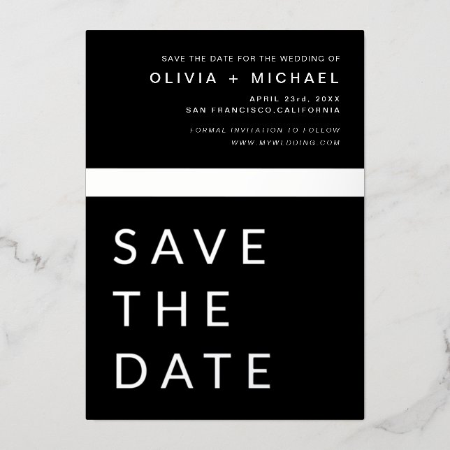 Schwarzes Silber Save the Date Elegante Moderne Folieneinladung (Vorderseite)