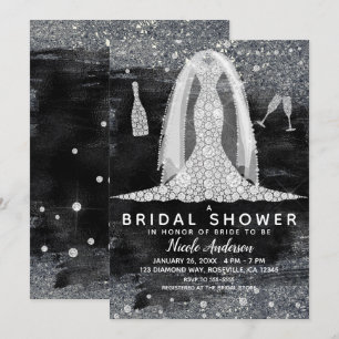 Schwarzes silbernes Diamant-Hochzeitskleid Brautpa Einladung
