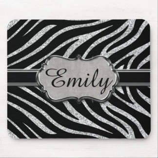 Schwarzes silbernes Glitzerzebra-Muster-Monogramm Mousepad