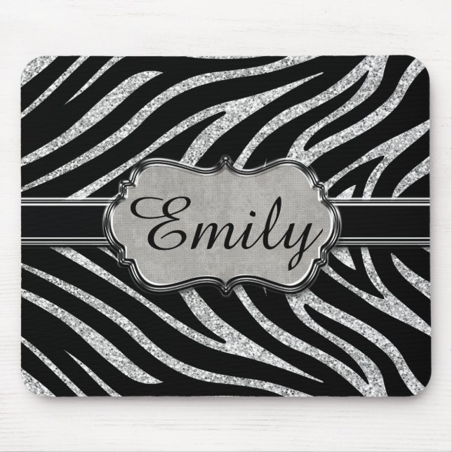 Schwarzes silbernes Glitzerzebra-Muster-Monogramm Mousepad (Vorne)