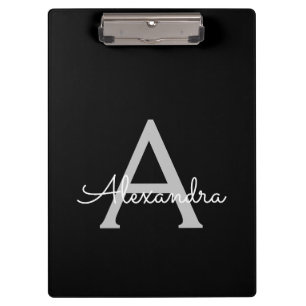 Schwarzes silbernes modernes Skript girly Monogram Klemmbrett