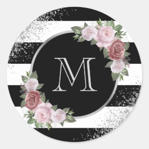 Schwarzes Silbernes Rosa Florales Monogramm Runder Aufkleber