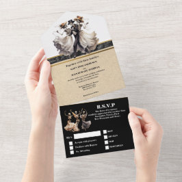 Schwarzes Skelett Bräutigam gotische Hochzeit All In One Einladung