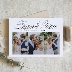 Schwarzes Skript Drei-Foto-Collage Hochzeit Dankeskarte