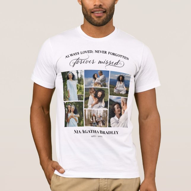 Schwarzes Skript für immer fehlte Memorial Foto Co T-Shirt (Vorderseite)