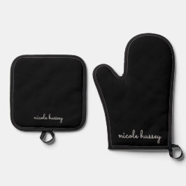 Schwarzes Skript | Stilvolle Monogram Modern Ofenhandschuh & Topflappen-Set
