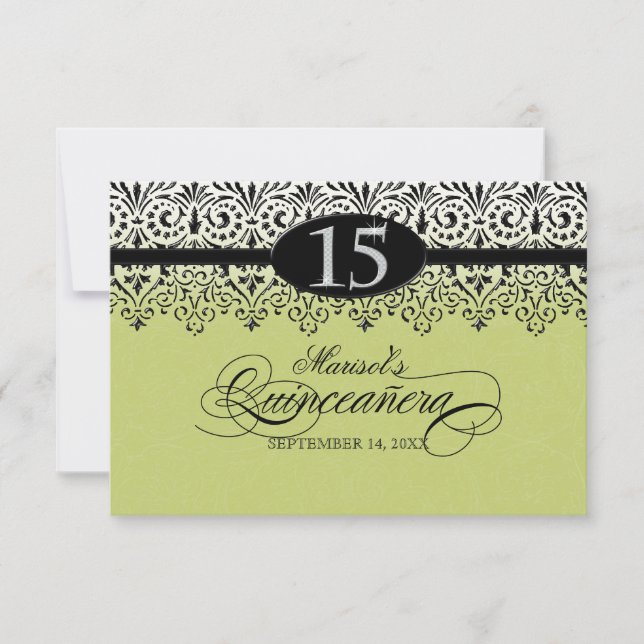 Schwarzes Spitze-Blick-Silber 15. Quinceanera n Einladung (Vorderseite)