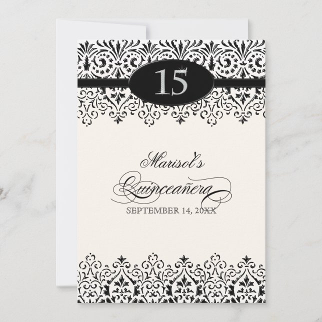 Schwarzes Spitze-Blick-Silber 15. Quinceanera n Einladung (Vorderseite)