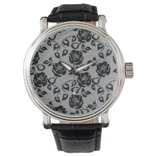 Schwarzes Spitzemuster auf weißem Hintergrund Armbanduhr