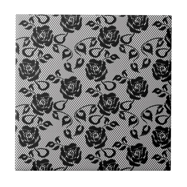 Schwarzes Spitzemuster auf weißem Hintergrund Fliese (Vorderseite)