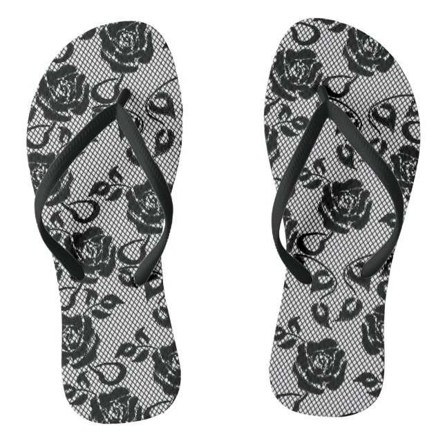 Schwarzes Spitzemuster auf weißem Hintergrund Flip Flops (Fußbett)