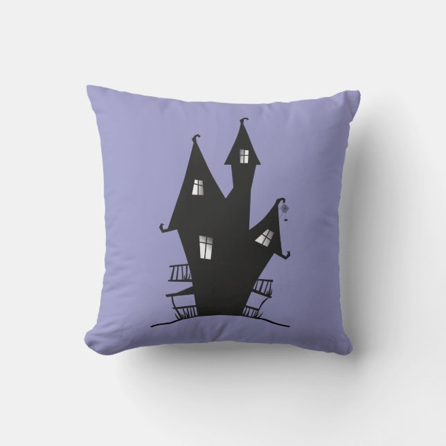 Schwarzes Spuk Haus mit Lila Hintergrund Kissen (Vorderseite)