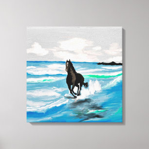 SCHWARZES STALLIONS-PFERD. LAUFEN AUF DEN STRAND LEINWANDDRUCK
