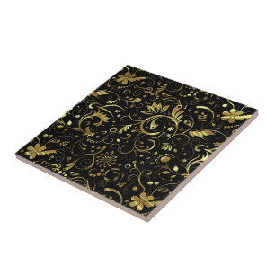 Schwarzes Stoffmuster mit goldenen Blumen Fliese