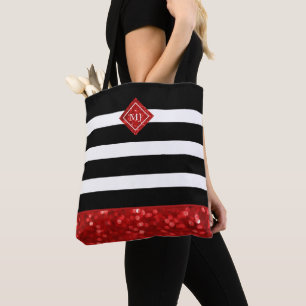 Schwarzes Streifenmuster und roter Glitzer, Monogr Tasche
