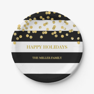 Schwarzes Stripes Goldconfetti-WeihnachtsTeller Pappteller