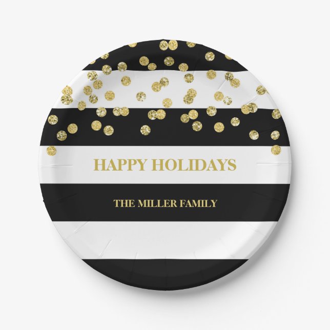 Schwarzes Stripes Goldconfetti-WeihnachtsTeller Pappteller (Vorderseite)