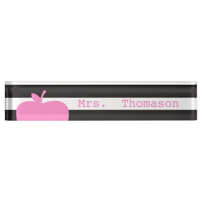 Schwarzes Stripes rosa Apple-Lehrer-Nummernschild Namensplakette (Vorderseite)