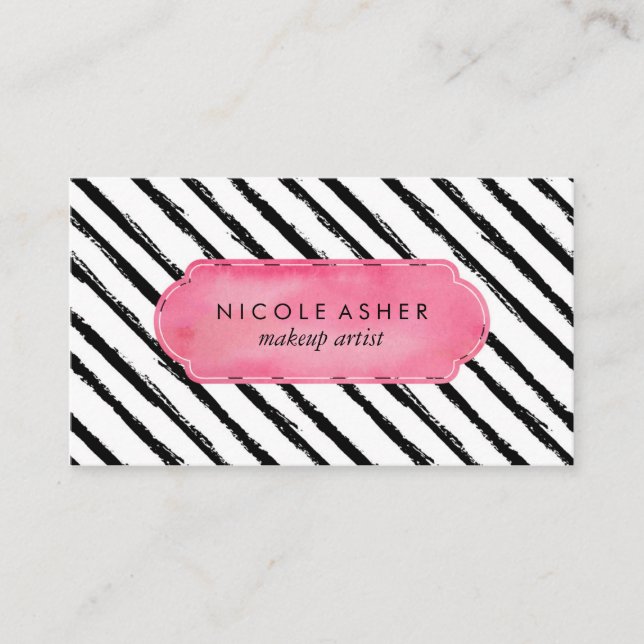 Schwarzes Stripes rosa Aquarell Visitenkarte (Vorderseite)