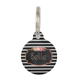 Schwarzes Stripes rosa Rosen-personalisiertes Tiernamensmarke
