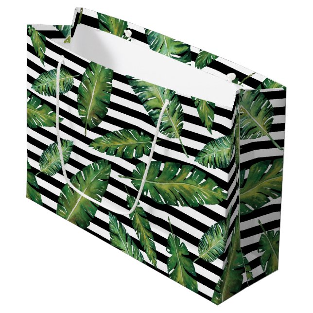Schwarzes stripes tropisches Sommermuster des Große Geschenktüte (Vorderseite Schrägansicht)