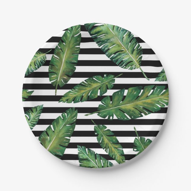 Schwarzes stripes tropisches Sommermuster des Pappteller (Vorderseite)