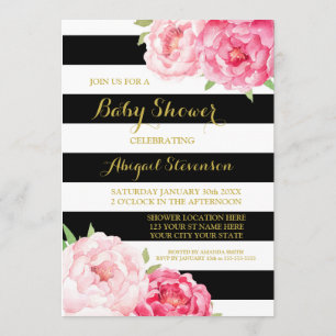 Schwarzes Stripes Watercolor-Blumen-Baby-Dusche Einladung