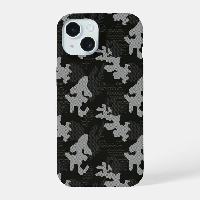 Schwarzes Tarnmuster iPhone 15 Hülle (Rückseite)