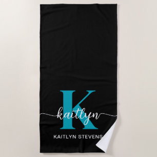 Schwarzes Teal-Monogramm Strandtuch