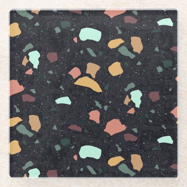Schwarzes Terrazzo-Muster Glasuntersetzer (Vorderseite)