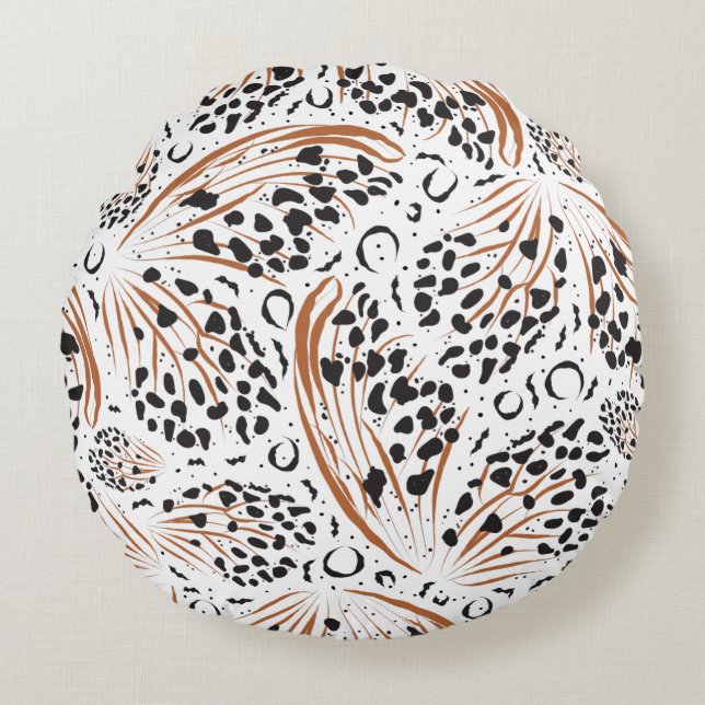 Schwarzes Tier Print Terracotta Swirt Muster Rundes Kissen (Vorderseite)