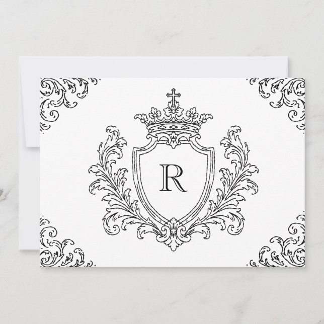 Schwarzes traditionelles Wappeninitial-Monogramm T Einladung (Vorderseite)