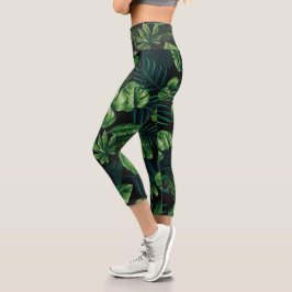 Schwarzes tropisches Muster Capri Leggings