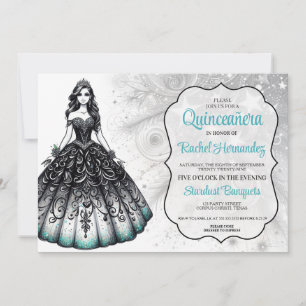 Schwarzes & Türkis Quinceañera Mädchen Einladung