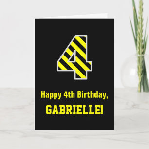 Schwarzes u. gelbes gestreiftes "4"; 4. Geburtstag Karte