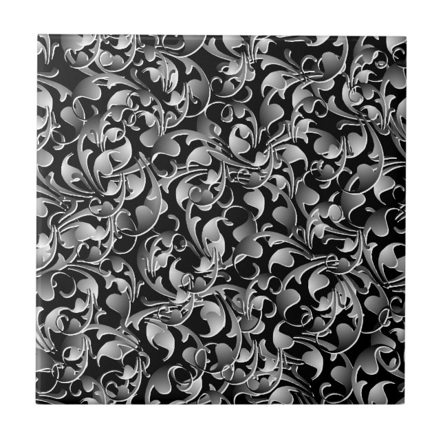 Schwarzes u. Silber-Twining Blätter Fliese (Vorderseite)