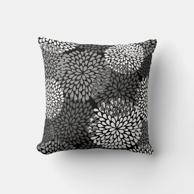 Schwarzes u. weißes Blumenkissen - Chrysantheme Kissen (Vorderseite)