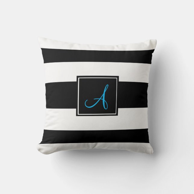 Schwarzes u. weißes Monogramm abgestreiftes Kissen (Vorderseite)