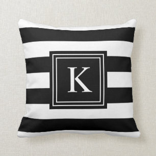 Schwarzes u. weißes Monogramm Striped Kissen