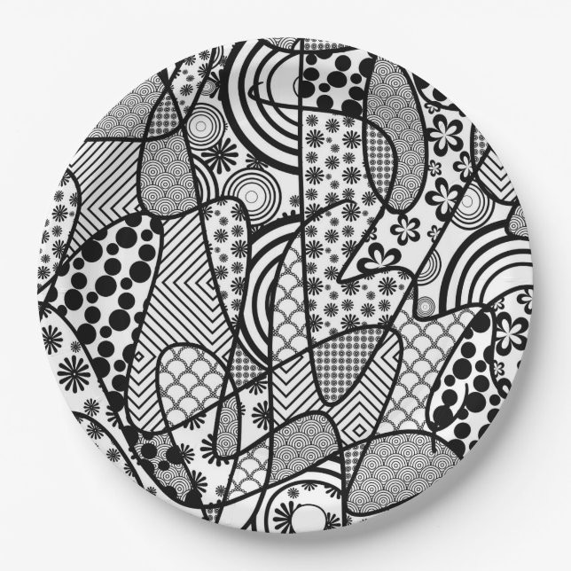 Schwarzes u. weißes Muster-Patchwork 02 Pappteller (Vorderseite)