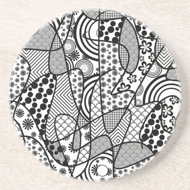 Schwarzes u. weißes Muster-Patchwork 02 Sandstein Untersetzer (Vorne)