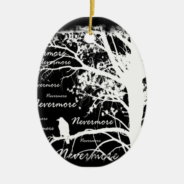Schwarzes u. weißes Negativ Raven Nevermore Keramik Ornament (Vorne)