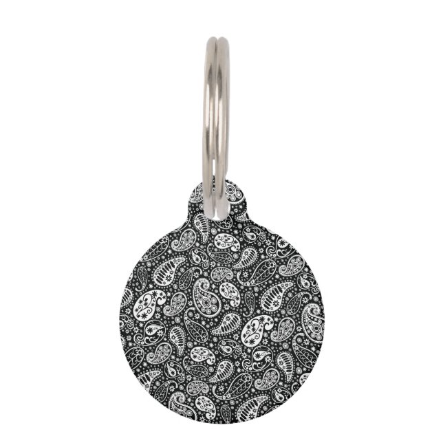 Schwarzes u. weißes Paisley mit Blumen Tiernamensmarke (Vorderseite)